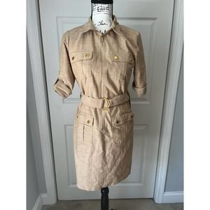 Sharagano Belted Zip Front Shirtdress elbow length Sleeves Khaki size 10P
